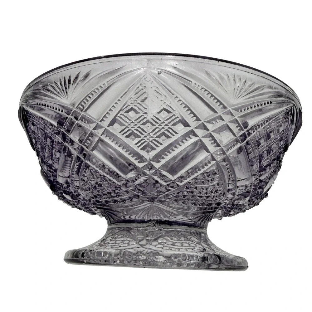 Vtg‎ Amethyst Hobstar Fan Swirl Banana Boat Footed Compote Bowl Purple Glass